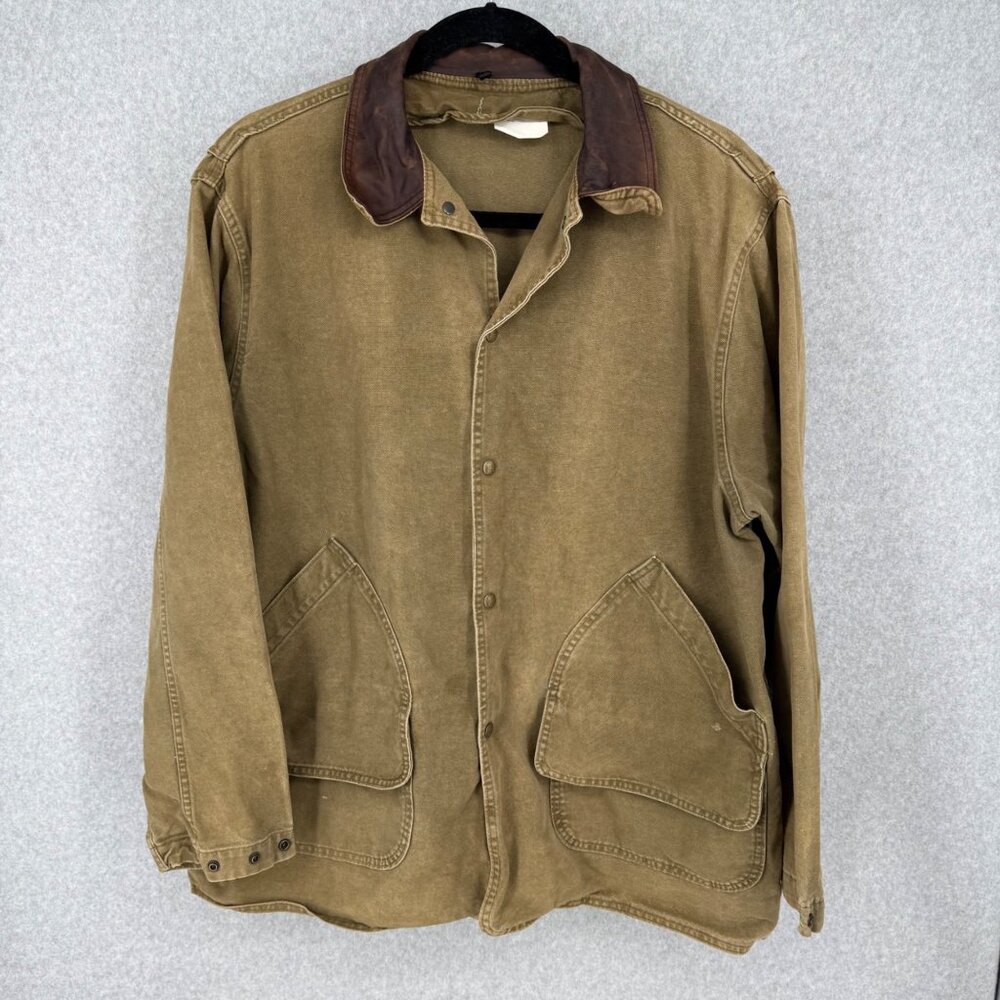 Woolrich Mens VTG Chore Barn Coat Size XL Canvas Leather Collar Distressed 90s